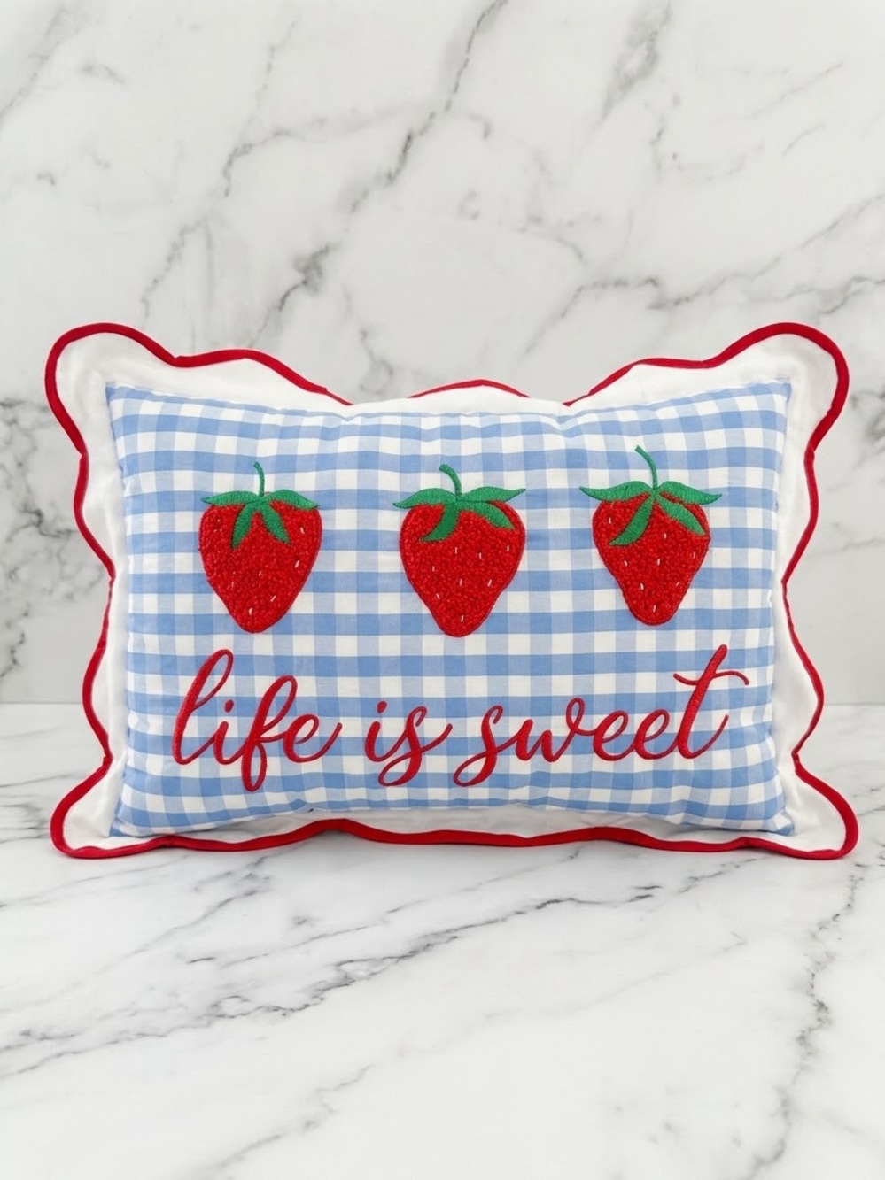 New Life Is Sweet Blue Gingham Strawberry Decorative Pillow